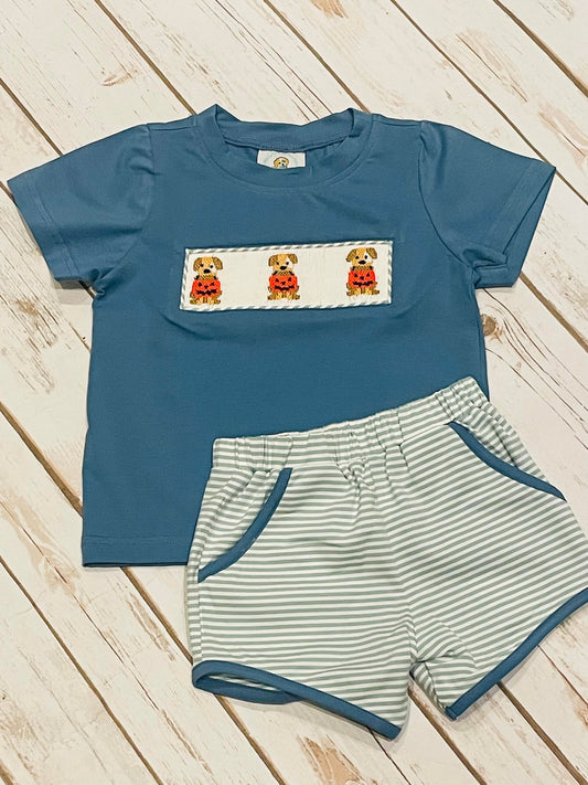 Boys Smocked Knit Halloween Pup Short Set