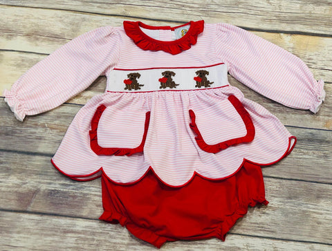 Girl's Smocked Puppy Hearts Knit Diaper Set